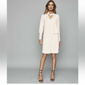 Reiss Mirela Ivory Cream Tie Neck Long Sleeve Shift Dress Size NWT